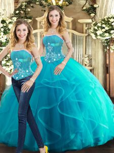 Popular Floor Length Aqua Blue Quinceanera Gown Strapless Sleeveless Lace Up