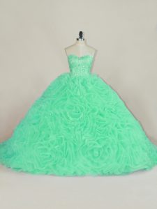 Excellent Green Sleeveless Fabric With Rolling Flowers Court Train Lace Up 15 Quinceanera Dress for Sweet 16 and Quinceanera