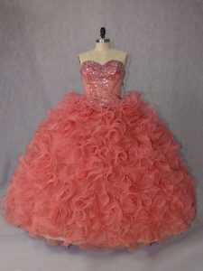 Most Popular Orange Ball Gowns Sweetheart Sleeveless Organza Brush Train Lace Up Beading and Ruffles Ball Gown Prom Dress