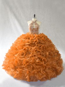 Orange and Brown Lace Up Halter Top Beading and Ruffles Sweet 16 Dress Organza Sleeveless Brush Train