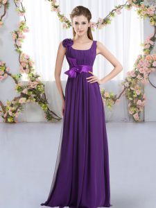 Low Price Purple Chiffon Zipper Damas Dress Sleeveless Floor Length Belt and Hand Made Flower