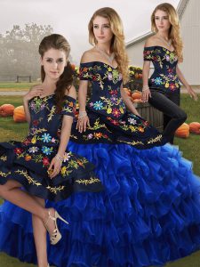 Blue And Black Sleeveless Floor Length Embroidery and Ruffled Layers Lace Up Sweet 16 Quinceanera Dress