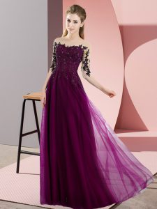 Captivating Floor Length Fuchsia Quinceanera Court Dresses Chiffon Half Sleeves Beading and Lace