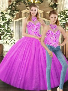 Wonderful Sleeveless Floor Length Embroidery Lace Up Sweet 16 Quinceanera Dress with Lilac