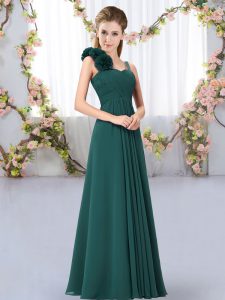 Modest Straps Sleeveless Court Dresses for Sweet 16 Floor Length Hand Made Flower Peacock Green Chiffon