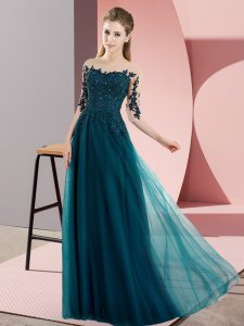 Peacock Green Chiffon Lace Up Dama Dress for Quinceanera Half Sleeves Floor Length Beading and Lace
