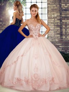 Pink Ball Gowns Sweetheart Sleeveless Tulle Floor Length Lace Up Beading and Embroidery Quinceanera Dress