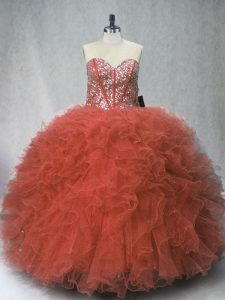 Noble Rust Red Sweetheart Neckline Beading and Ruffles Ball Gown Prom Dress Sleeveless Lace Up