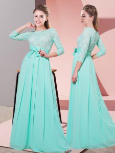 Apple Green 3 4 Length Sleeve Floor Length Lace and Belt Side Zipper Quinceanera Dama Dress