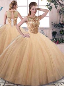 Hot Selling Gold Tulle Lace Up Scoop Sleeveless Floor Length Quinceanera Gown Beading