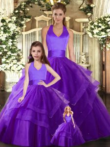 Unique Purple Tulle Lace Up Halter Top Sleeveless Floor Length Vestidos de Quinceanera Ruching