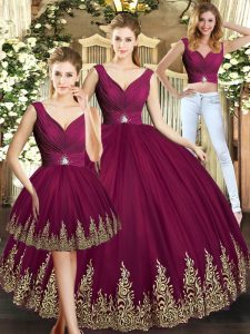 Hot Selling Floor Length Three Pieces Sleeveless Burgundy Sweet 16 Quinceanera Dress Backless