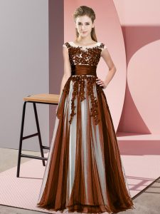 Most Popular Scoop Sleeveless Quinceanera Court Dresses Floor Length Beading and Lace Brown Tulle