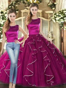 Fuchsia Sleeveless Tulle Lace Up Quinceanera Gowns for Military Ball and Sweet 16 and Quinceanera