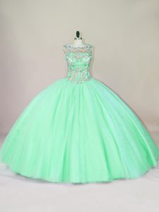 Floor Length Apple Green 15th Birthday Dress Tulle Sleeveless Beading