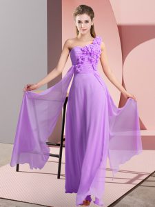 Lavender Empire Chiffon One Shoulder Sleeveless Hand Made Flower Floor Length Lace Up Quinceanera Court Dresses