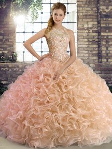Shining Peach Ball Gowns Scoop Sleeveless Fabric With Rolling Flowers Floor Length Lace Up Beading Quinceanera Gown