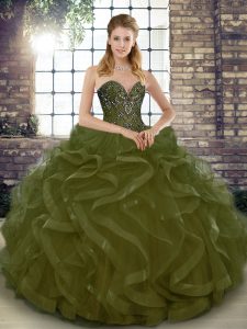 Customized Olive Green Ball Gowns Tulle Sweetheart Sleeveless Beading and Ruffles Floor Length Lace Up Quinceanera Dress