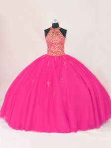 Floor Length Lace Up Quince Ball Gowns Hot Pink for Sweet 16 and Quinceanera with Beading and Appliques