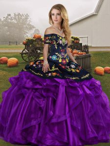 Most Popular Off The Shoulder Sleeveless Sweet 16 Dresses Floor Length Embroidery and Ruffles Black And Purple Organza