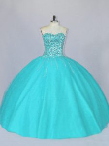 Aqua Blue Sleeveless Tulle Lace Up Quinceanera Gown for Sweet 16 and Quinceanera