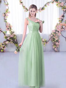 Sleeveless Floor Length Lace and Belt Side Zipper Quinceanera Dama Dress with Apple Green