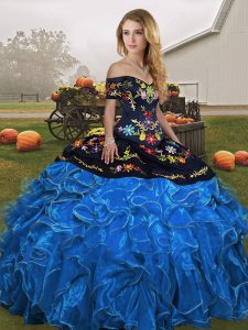 Best Selling Blue And Black Ball Gowns Off The Shoulder Sleeveless Organza Floor Length Lace Up Embroidery and Ruffles Sweet 16 Dress