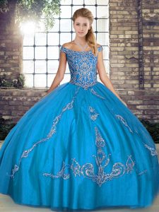 Blue Lace Up Off The Shoulder Beading and Embroidery Vestidos de Quinceanera Tulle Sleeveless