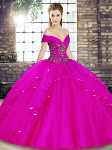 Dramatic Off The Shoulder Sleeveless Tulle Quinceanera Gowns Beading and Ruffles Lace Up