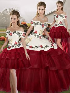 Admirable Wine Red Sleeveless Brush Train Embroidery and Ruffled Layers Quince Ball Gowns