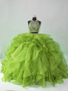 Top Selling Green Backless 15th Birthday Dress Beading and Ruffles Sleeveless Brush Train