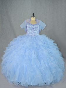 Captivating Sleeveless Organza Floor Length Lace Up Vestidos de Quinceanera in Blue with Beading and Ruffles
