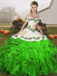 Organza Off The Shoulder Sleeveless Lace Up Embroidery and Ruffles Sweet 16 Dresses in Green