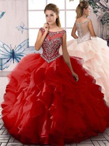 Elegant Floor Length Red Ball Gown Prom Dress Organza Sleeveless Beading and Ruffles