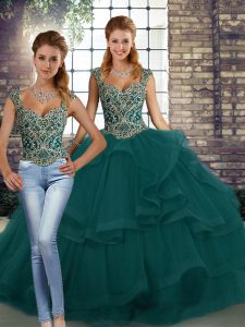 Floor Length Lace Up Quince Ball Gowns Peacock Green for Military Ball and Sweet 16 and Quinceanera with Beading and Ruffles