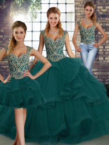 Nice Floor Length Lace Up 15th Birthday Dress Peacock Green for Military Ball and Sweet 16 and Quinceanera with Beading and Ruffles