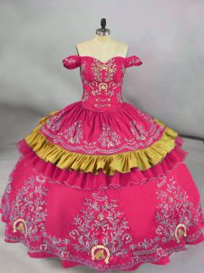 Hot Pink Satin Lace Up Ball Gown Prom Dress Sleeveless Floor Length Embroidery