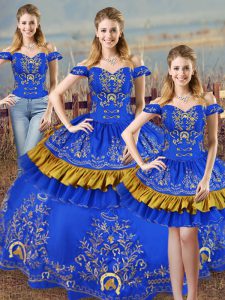 Blue Off The Shoulder Lace Up Embroidery Vestidos de Quinceanera Sleeveless