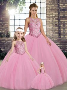 Pink Tulle Lace Up Quinceanera Gowns Sleeveless Floor Length Embroidery