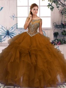Attractive Brown Ball Gowns Beading and Ruffles Sweet 16 Quinceanera Dress Zipper Organza Sleeveless Floor Length