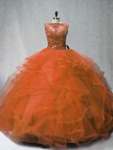 Ball Gowns Sleeveless Rust Red Ball Gown Prom Dress Brush Train Lace Up
