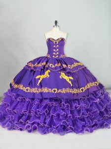 Sleeveless Satin and Organza Brush Train Lace Up Ball Gown Prom Dress in Purple with Embroidery and Ruffled Layers
