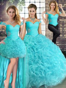Smart Off The Shoulder Sleeveless Lace Up 15th Birthday Dress Aqua Blue Fabric With Rolling Flowers