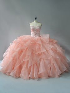 Dramatic Organza Sweetheart Sleeveless Brush Train Lace Up Beading and Ruffles Ball Gown Prom Dress in Peach