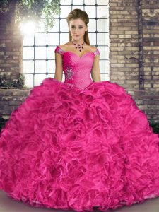 Ball Gowns 15 Quinceanera Dress Hot Pink Off The Shoulder Organza Sleeveless Floor Length Lace Up