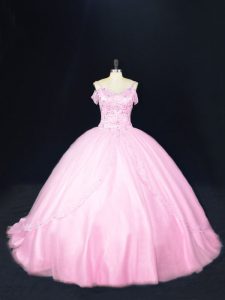 Customized Baby Pink Sleeveless Court Train Beading Quinceanera Gown