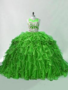 High Class Zipper Quinceanera Gown Green for Sweet 16 and Quinceanera with Beading and Ruffles Brush Train