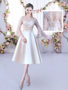Champagne Scoop Neckline Lace and Belt Court Dresses for Sweet 16 3 4 Length Sleeve Lace Up