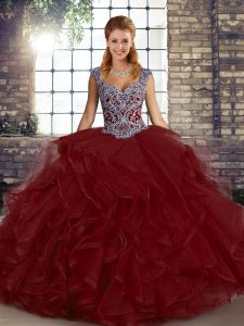 Hot Selling Wine Red Straps Neckline Beading and Ruffles Sweet 16 Dress Sleeveless Lace Up