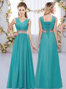 Free and Easy Chiffon V-neck Sleeveless Lace Up Beading and Belt Quinceanera Dama Dress in Teal